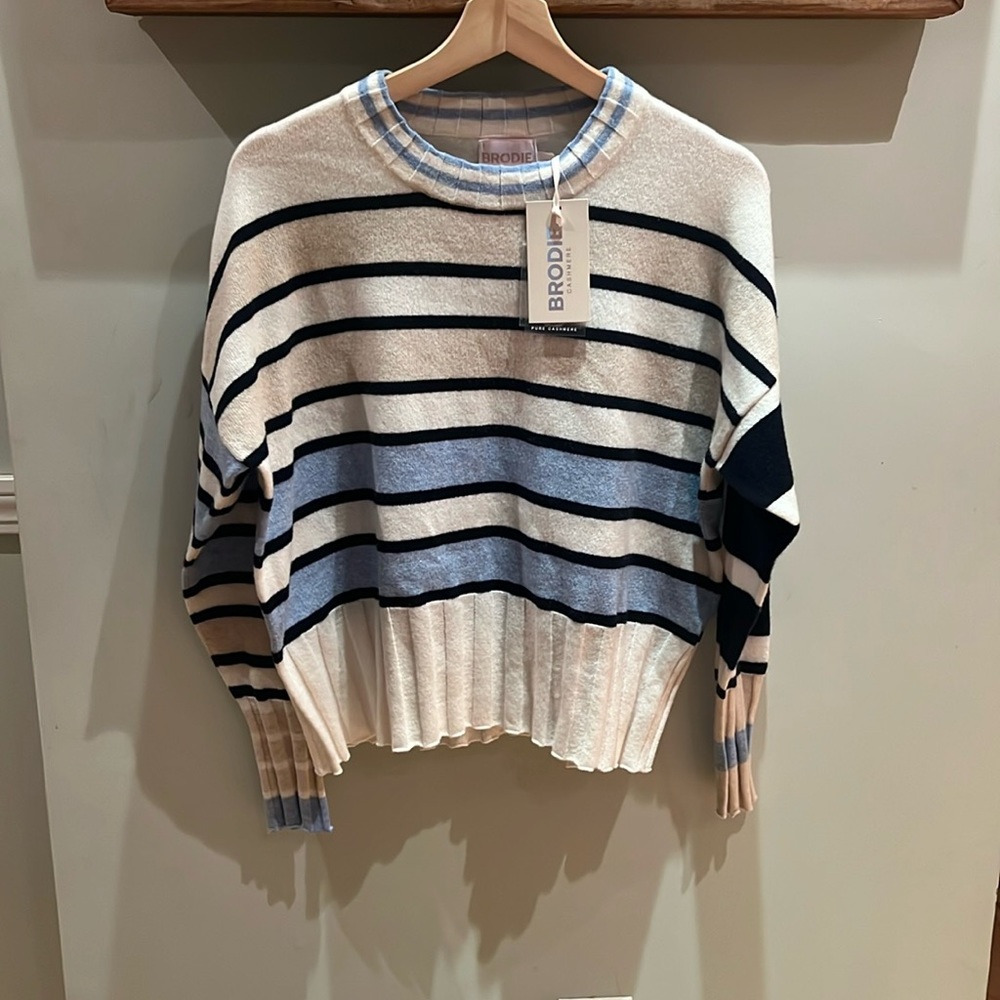 Brodie Cashmere Striped Sweater in Cream, Blue, and Black